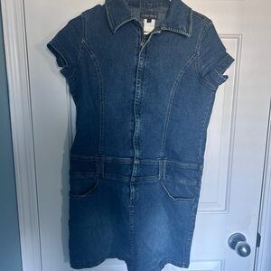 Vintage Denim Zip-Up Short Sleeve Dress